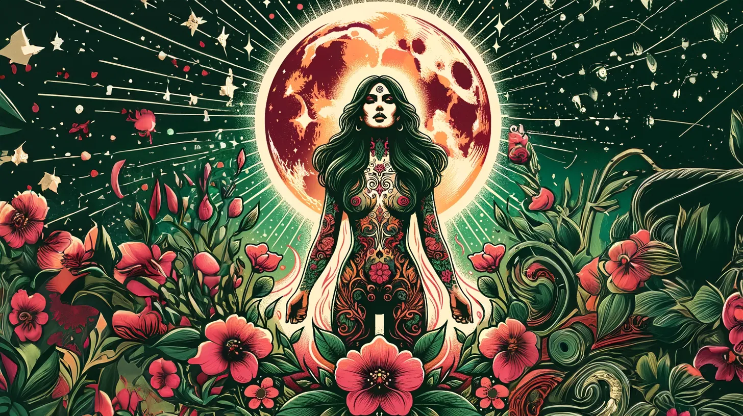 An Aries woman is standing in front of the full bright moon and stars in a field of green and pink flowers. Her body is covered in flowers.