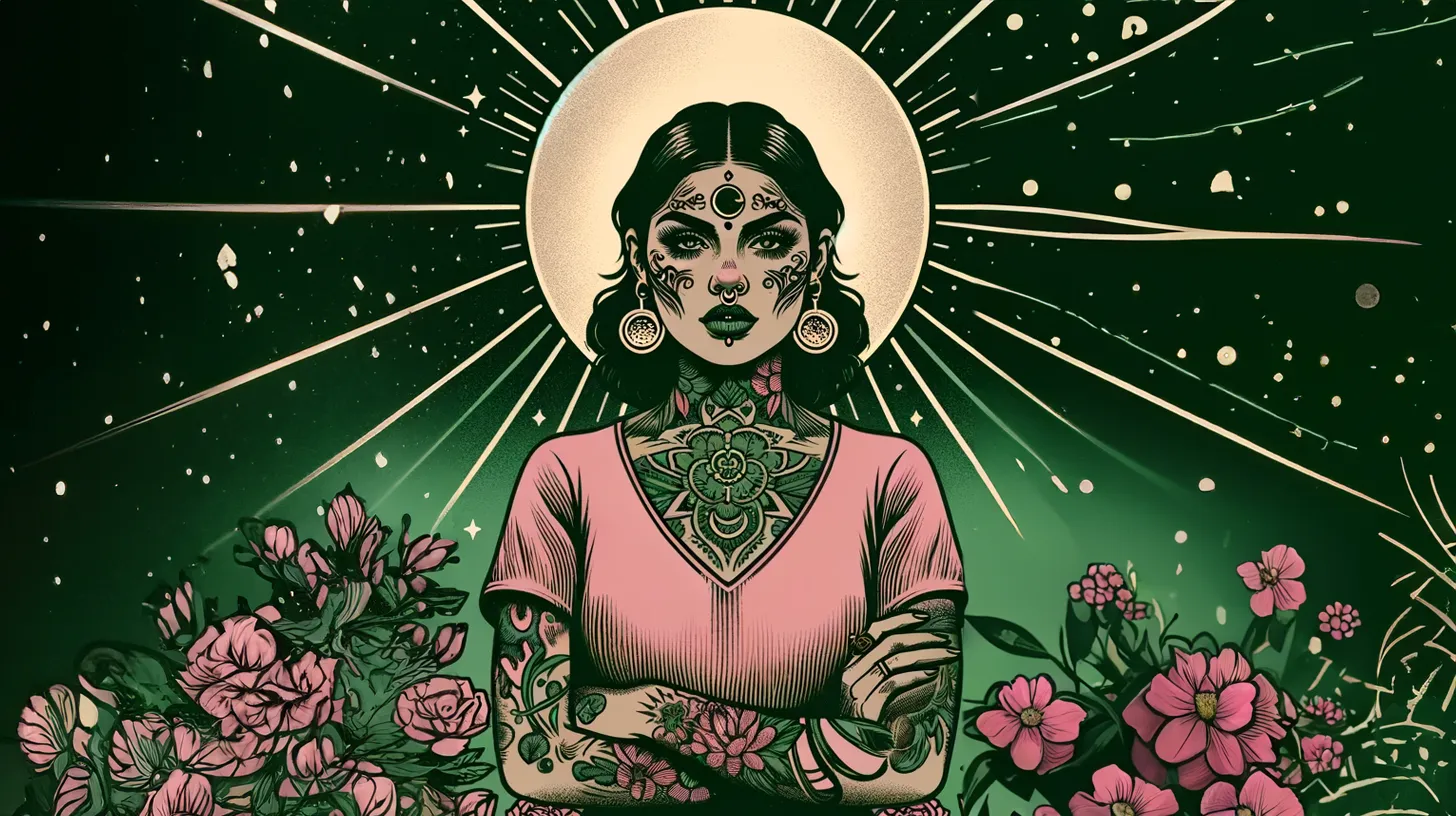 A Taurus woman is in front of the moon with her arms crossed in a field of flowers.