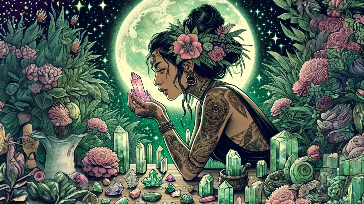 A Taurus woman is admiring her crystal collection symbolizing Earthly delight under the moon surrounded by flowers.
