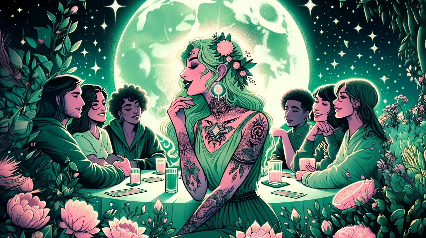 A Taurus woman sits at the front of a circular table in a green dress surrounded by friends among flowers under the moon.