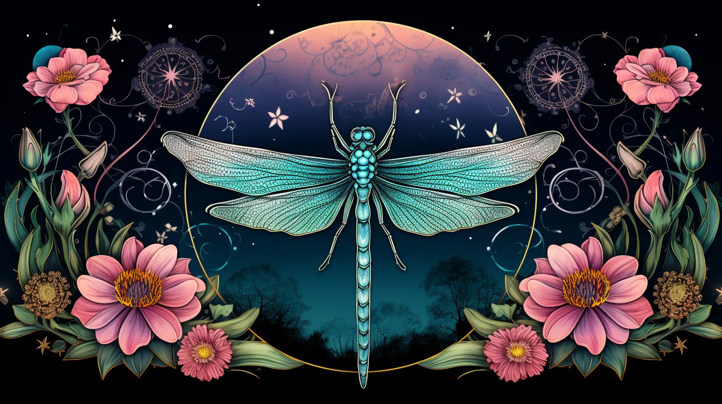 A Dragonfly representing Gemini is placed in front of the moon surrounded by flowers