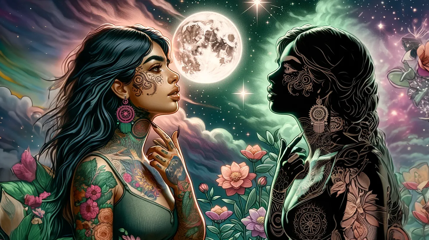 A Gemini woman is looking at a reflection of her shadow self under the moon in a field of flowers.