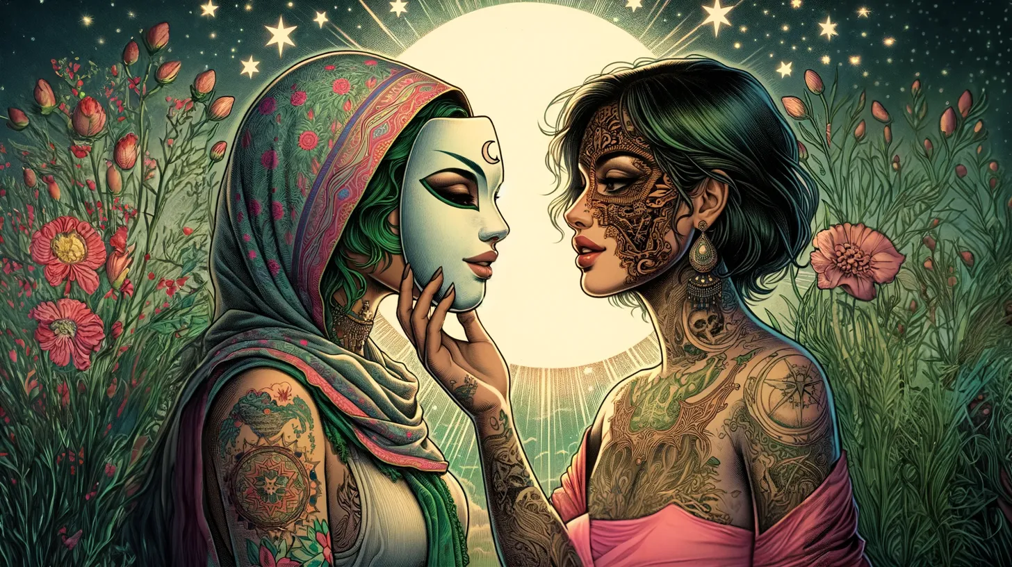Two Gemini women are looking at each other, one has a mask on and the other is removing it under the moonlight in a field of flowers.