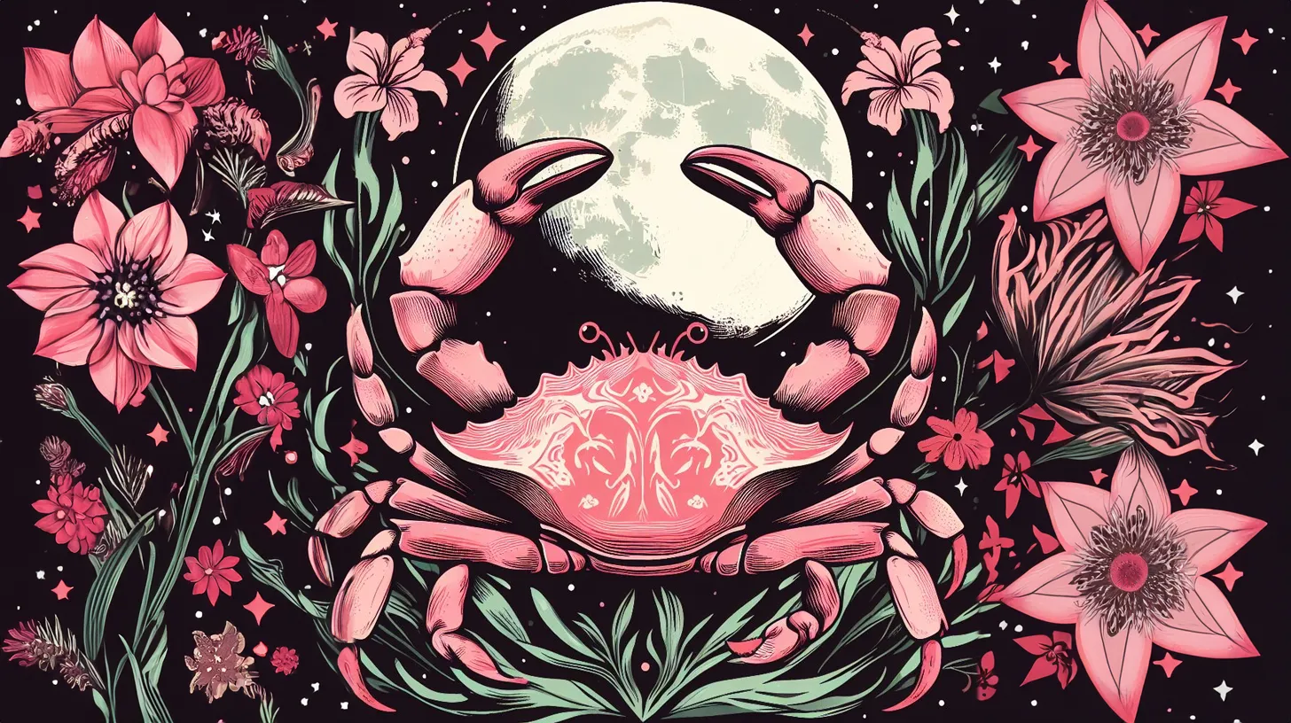 A crab is surrounded by pink flowers in front of the moon