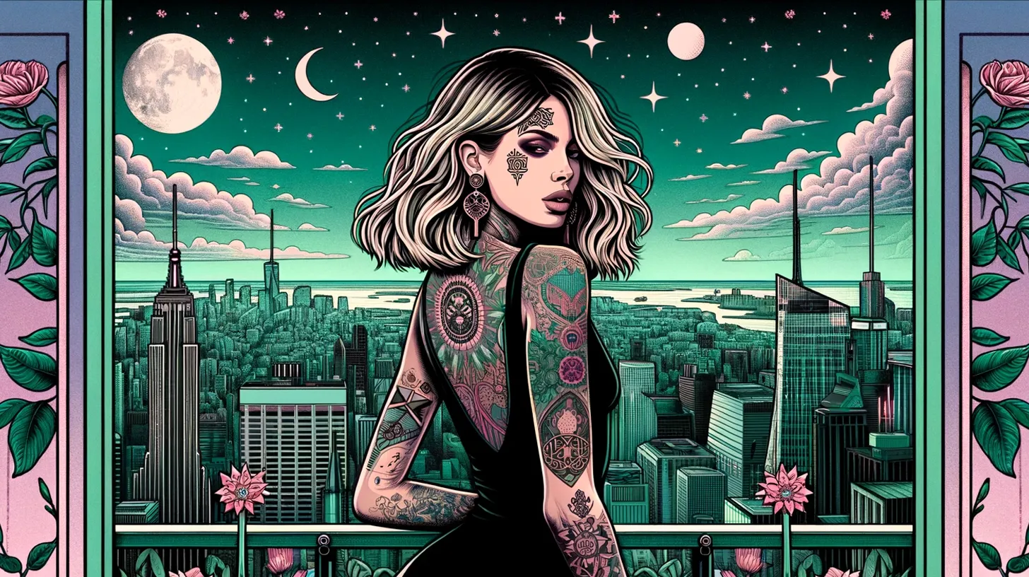 A Cancer woman is standing on the edge of her balcony overlooking a city under the moon and stars.