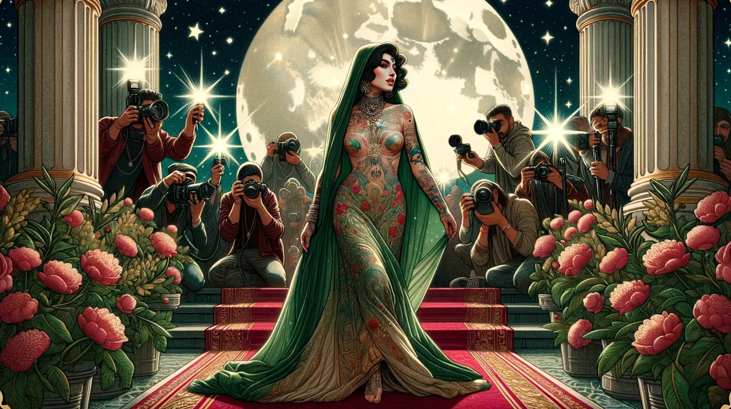 A movie star Leo woman is walking down the red carpet with paparazzi cameras taking pictures of her in front of the moon surrounded by flowers.
