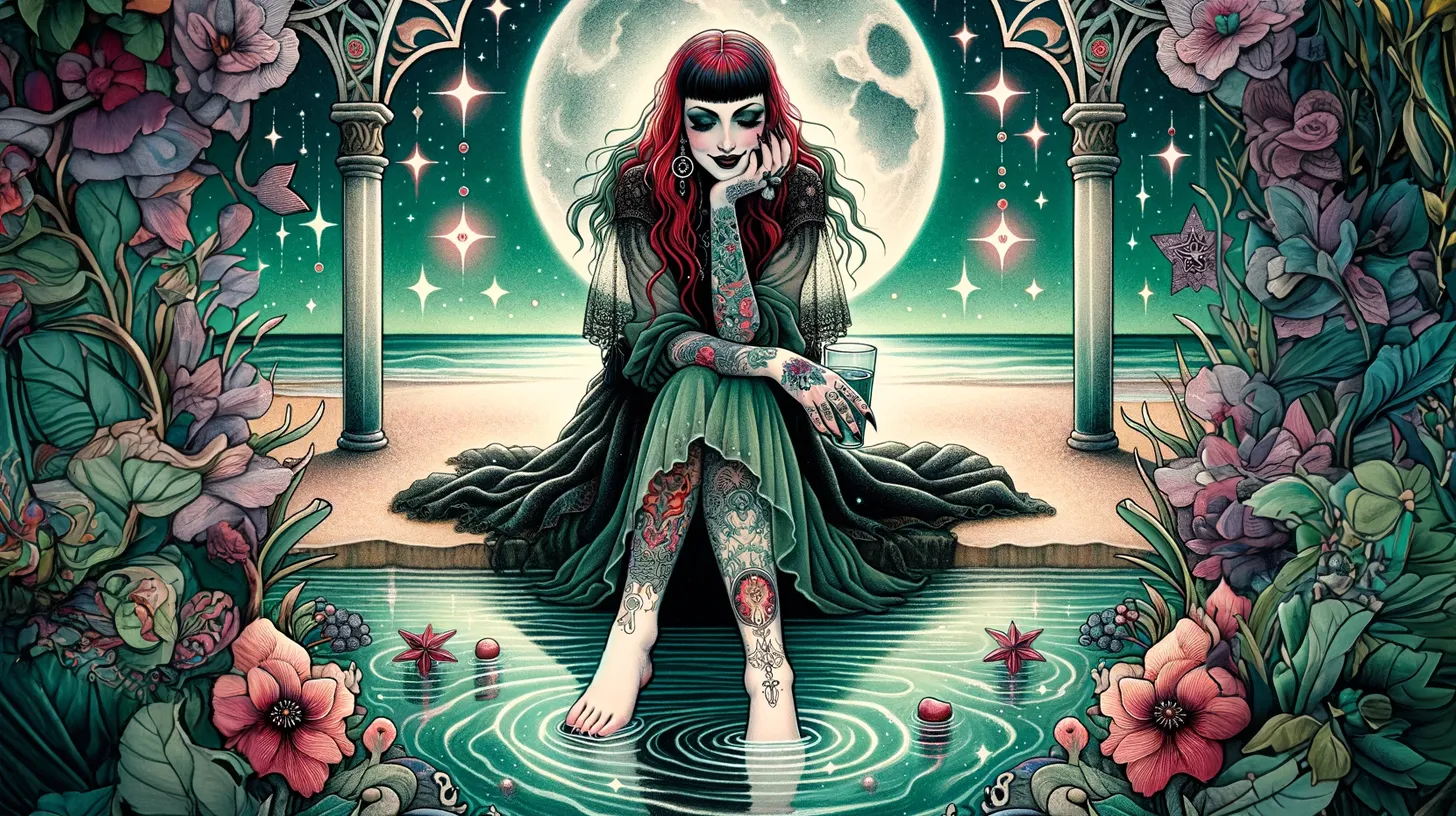A Leo woman is dipping her toes in water and having a drink at the edge of a pool underneath the moon and stars surrounded by flowers.