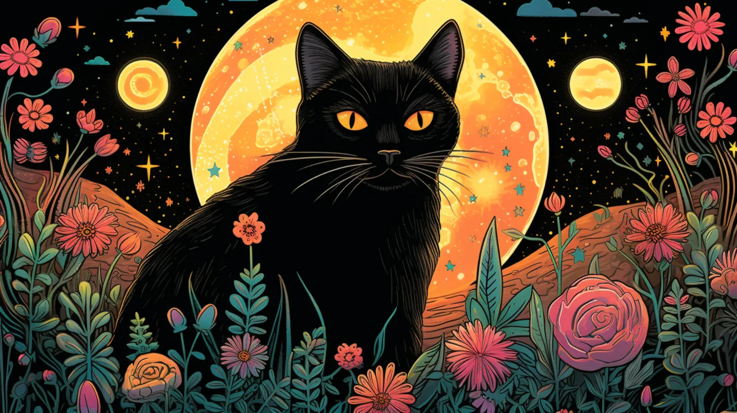 A black cat representing Virgo sits in front of a golden moon and stars among flowers