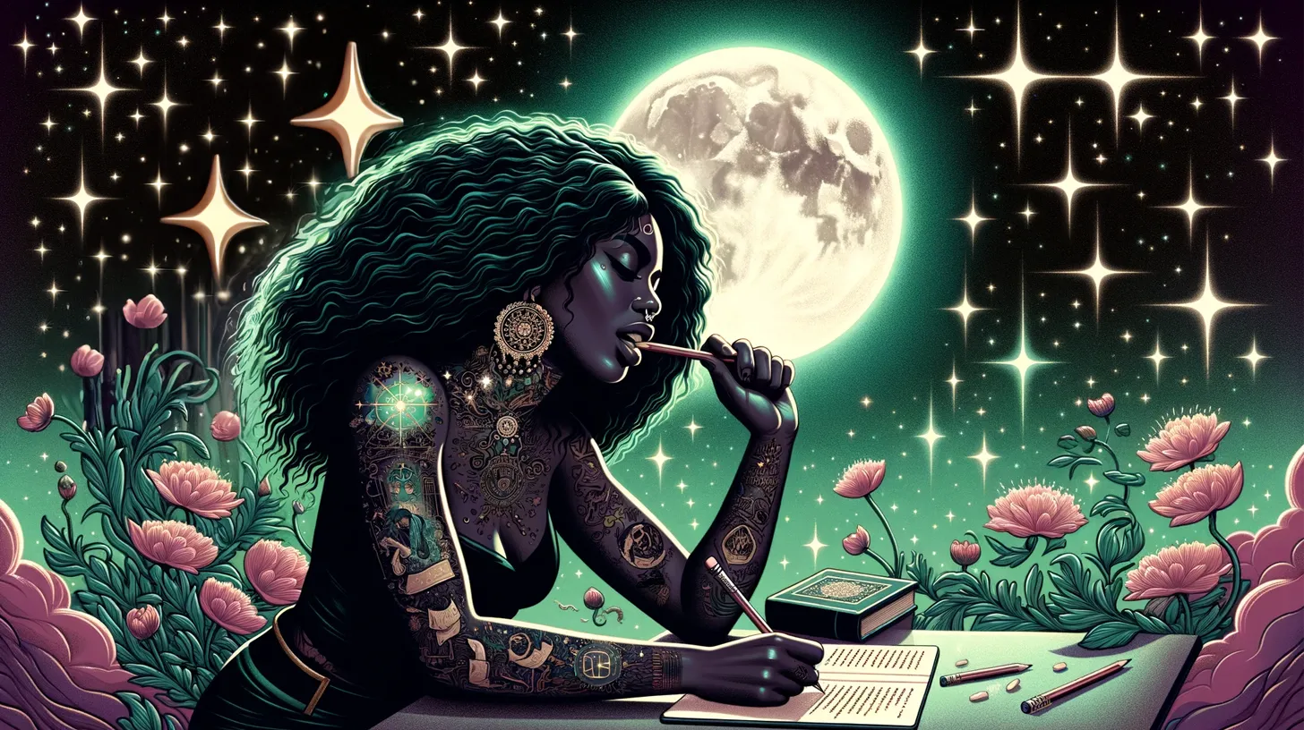 A Virgo woman is taking notes and biting a pencil under the moon and stars surrounded by flowers.