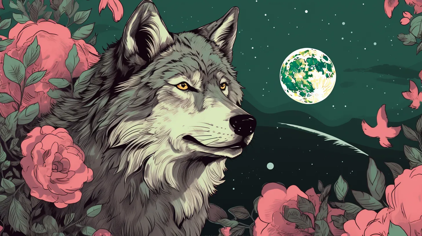 A grey wolf representing Libra sits among flowers in front of the moon