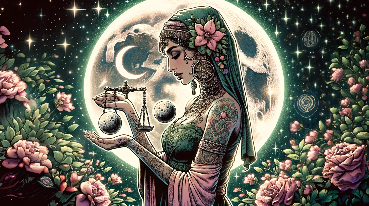 A Libra woman is holding scales that balance the moon under the stars surrounded by flowers.