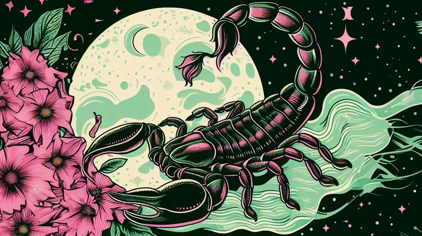 A scorpion representing Scorpio sits on a leave next to some flowers in front of the moon