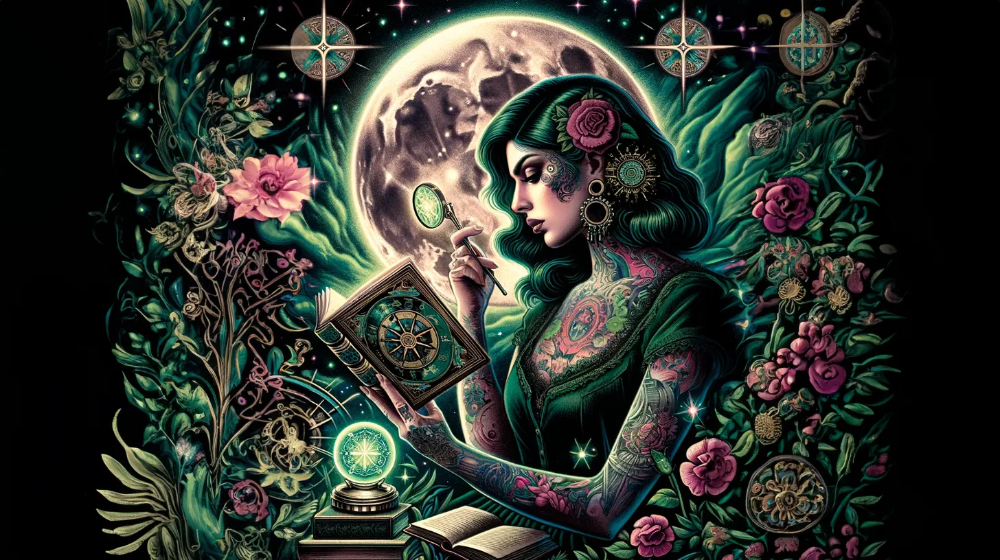 A Scorpio woman with green hair is reading a novel and trying to get to the bottom of a mystery surrounded by flowers under the moon.