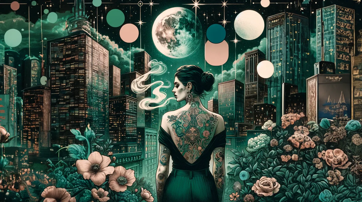 A Scorpio woman is standing in front of the city at night, a cold breath is coming out of her mouth like a ghost and she is surrounded by flowers.