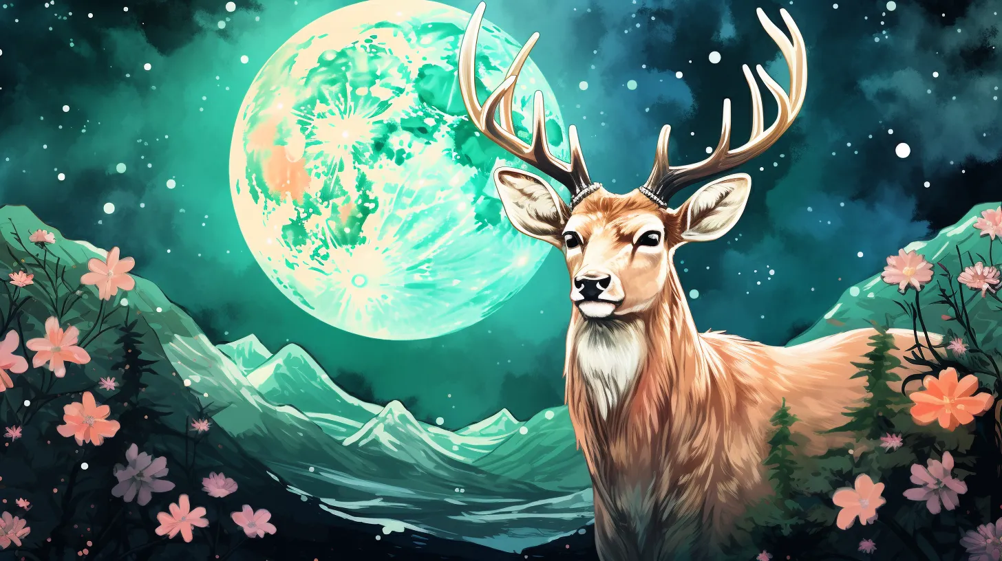 A buck deer representing Sagittarius stands in front of the moon and mountains