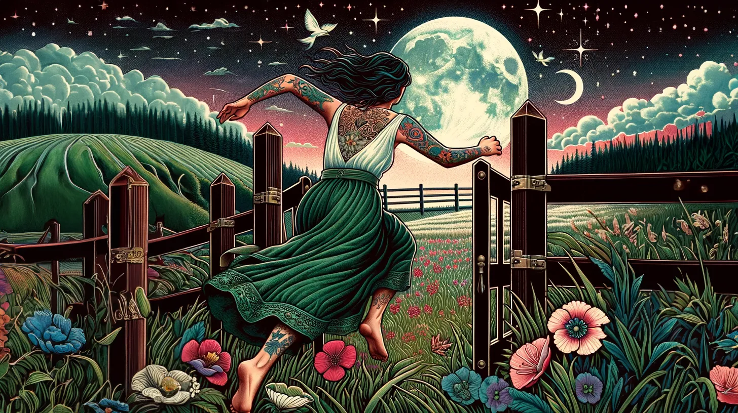 A Sagittarius woman running into an open field after flinging open a wooden gate. The moon is above her and there are pink flowers