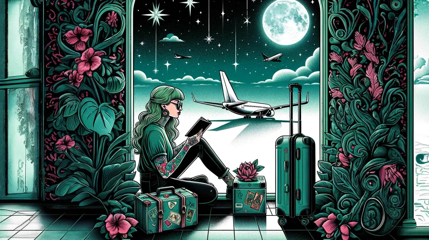 A Sagittarius woman is sitting in an airport reading a book and waiting on her flight.