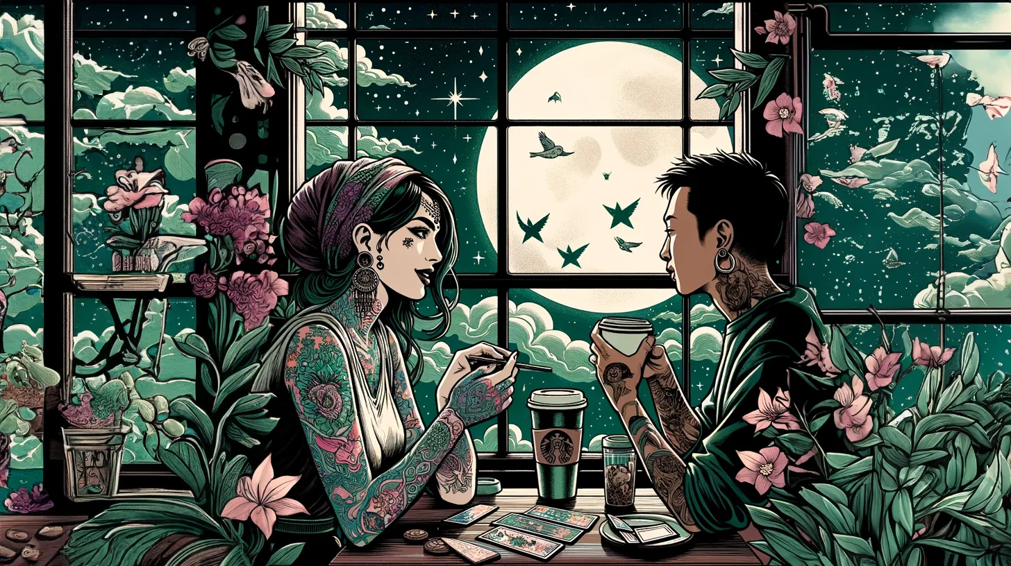 A Sagittarius woman is talking to a friend and getting coffee under the moonlight while reading tarot cards surrounded by flowers.