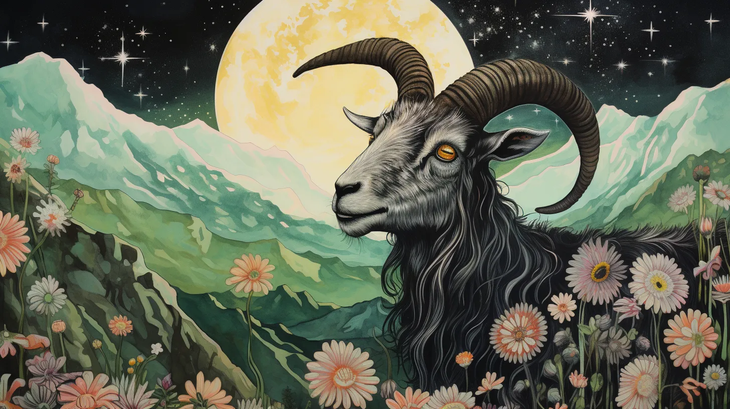 A goat representing Capricorn looks up at the mountains in front of the moon