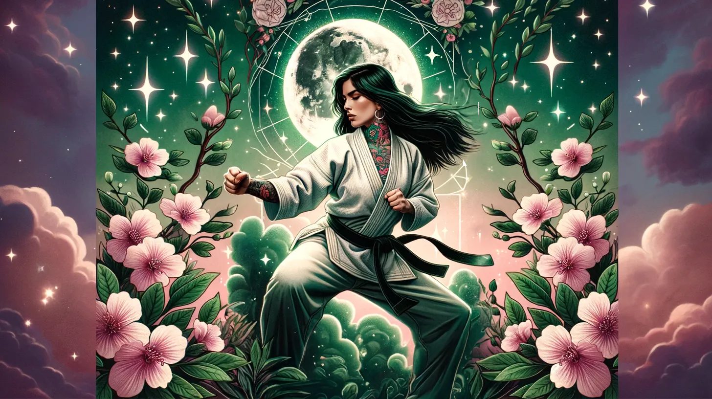 A Capricorn woman is doing martial arts under the moon and stars surrounded by flowers.