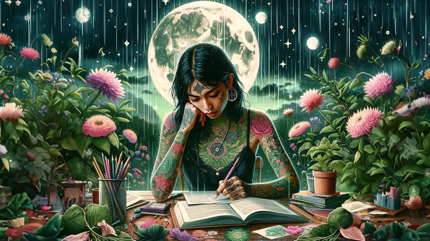 A Capricorn woman is studying diligently for an exam on a table outside under the moon and it is beginning to rain. 