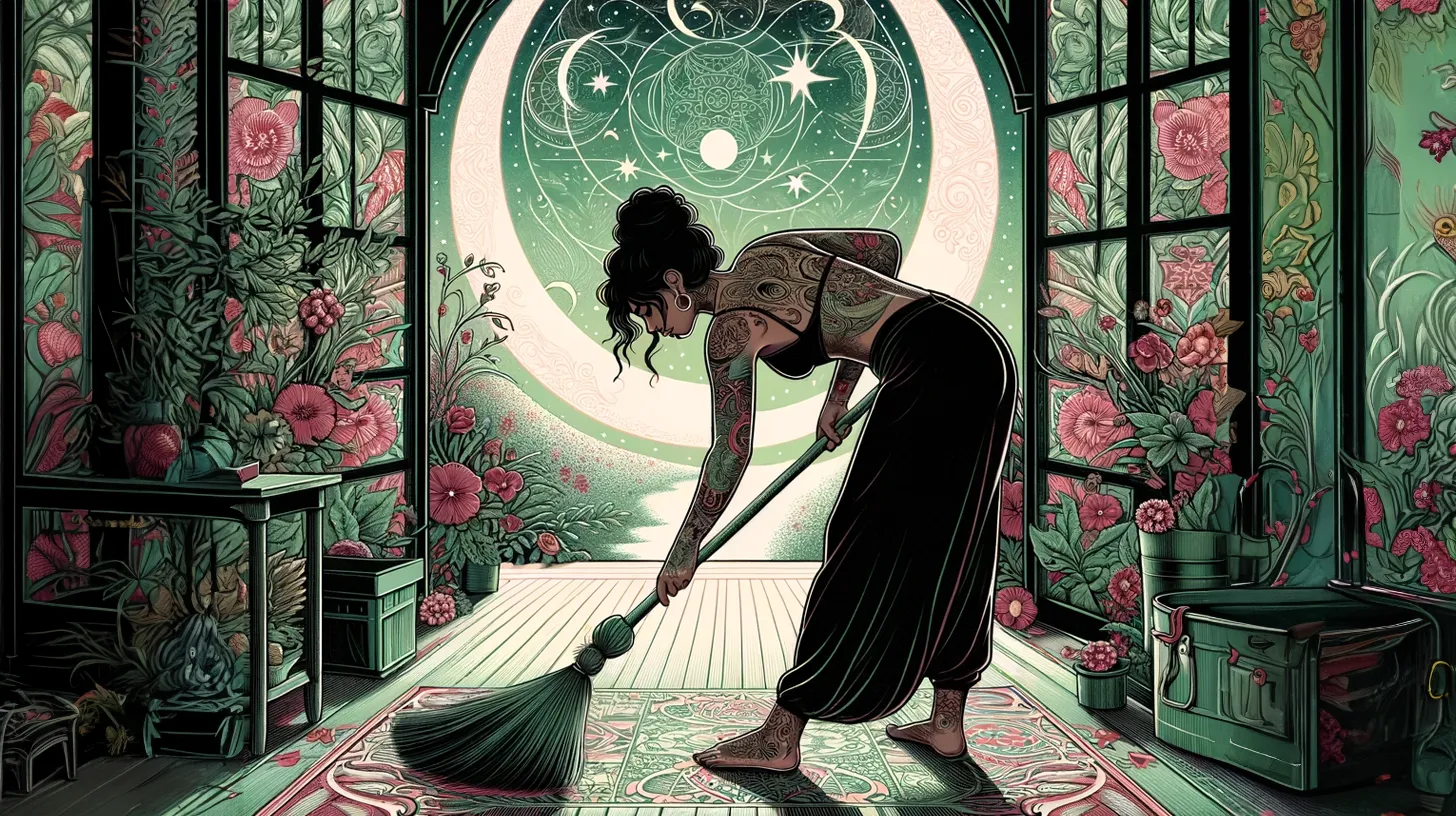 A Capricorn woman is almost done cleaning her room up and is finishing by sweeping the floor under the glowing moonlight.