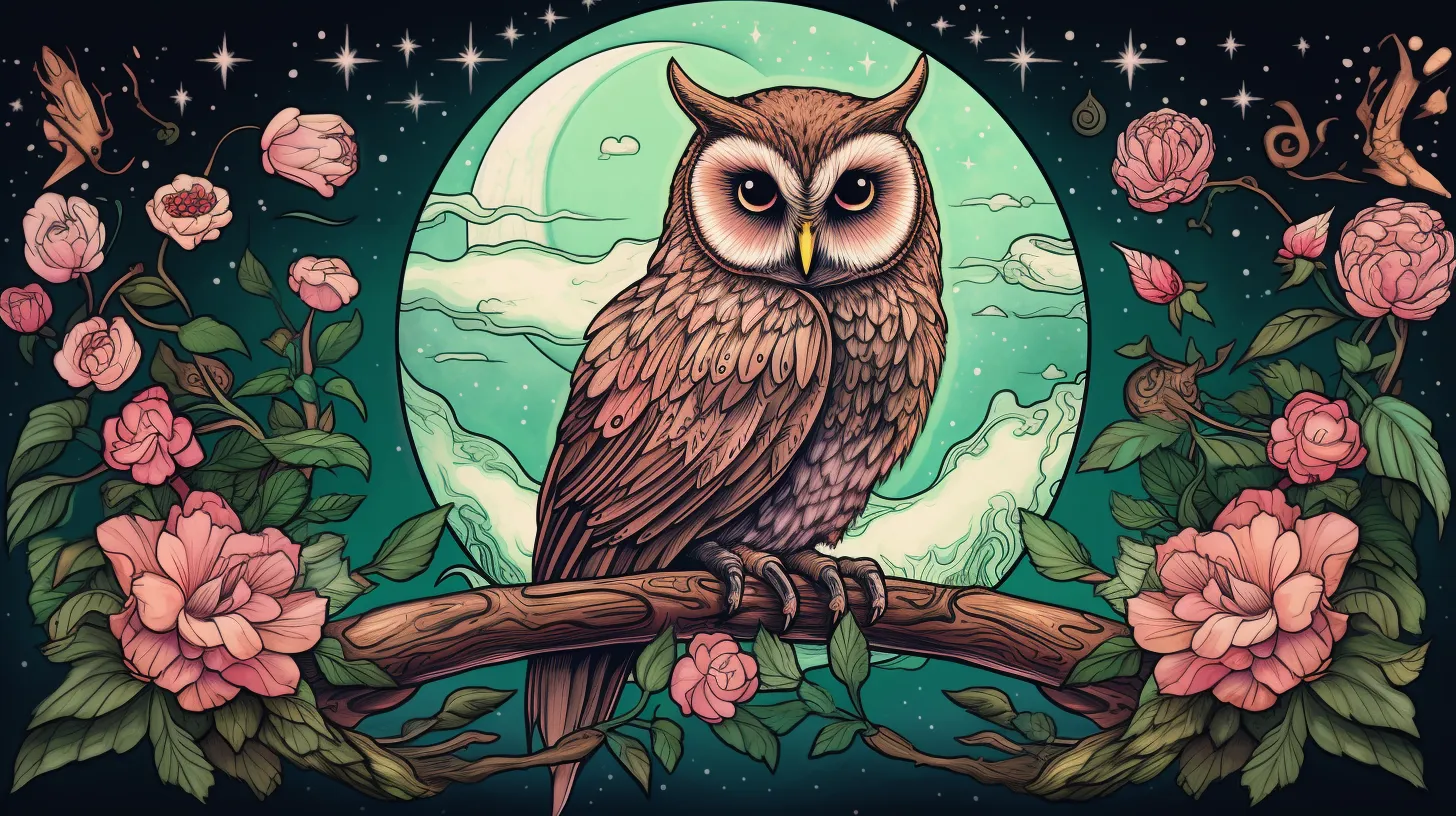 An owl representing Aquarius sits in front of the moon on a brand with pink flowers