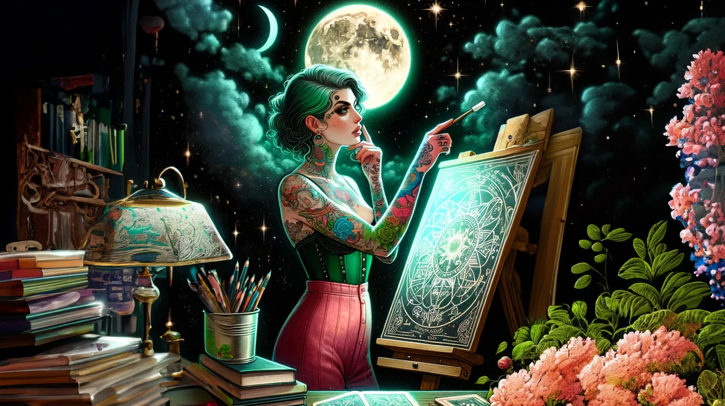 An Aquarius woman is taking a moment out of painting to imagine what she wants to do next under the moonlight and surrounded by flowers.