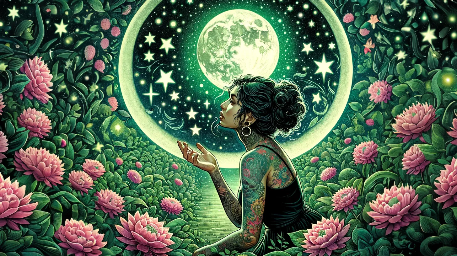 An Aquarius woman is pondering ways to change the world as she sits in a field of flowers under the moonlight.