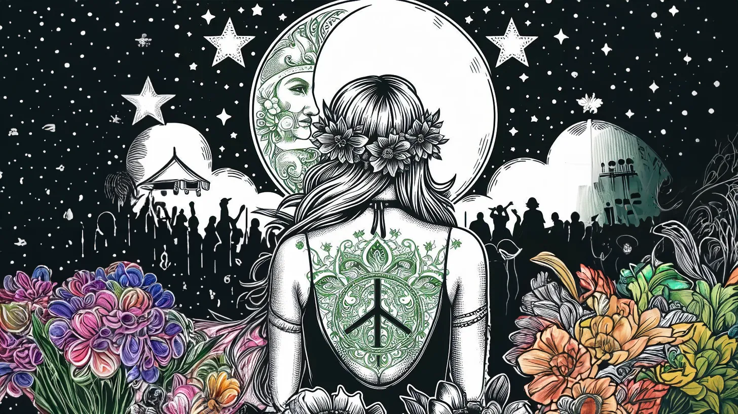 An Aquarius woman with a peace sign on her back sits in a field of flowers overlooking a music festival under the moon and stars.