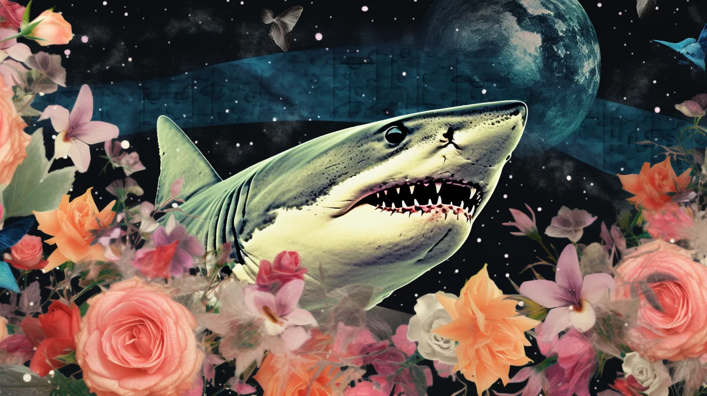 A shark representing Pisces floats in front of the night sky surrounded by flowers