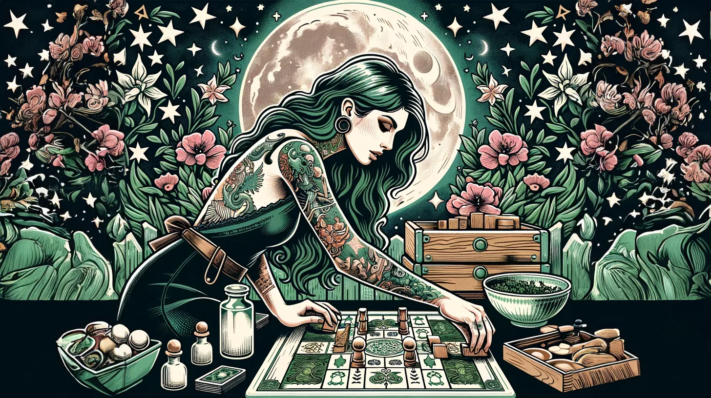 A Pisces woman is setting up a board game to be played by her friends when they arrive. She is under the moon and surrounded by flowers.