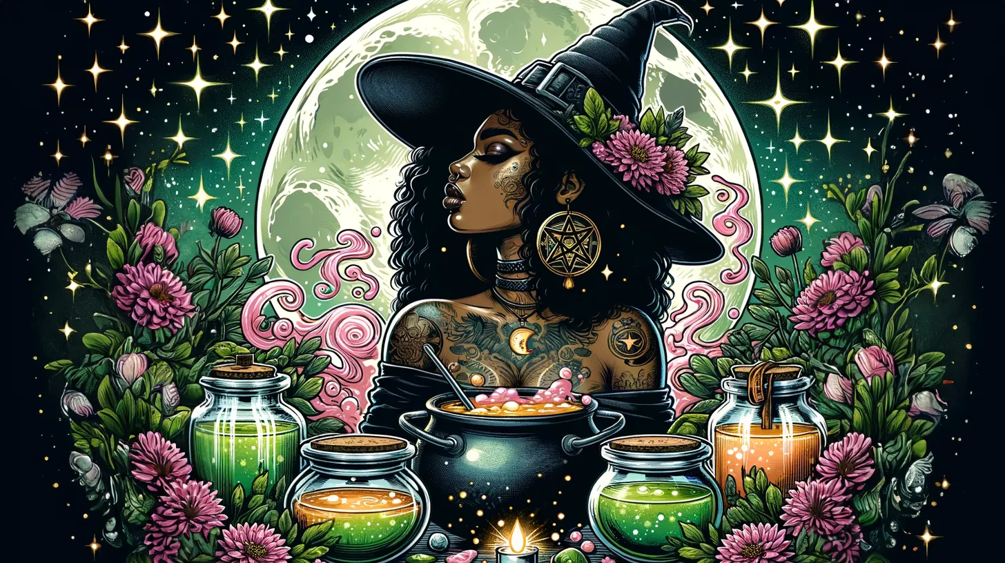A Pisces woman in a witch hat is bubbling potions and cauldrons under the moonlight surrounded by flowers.