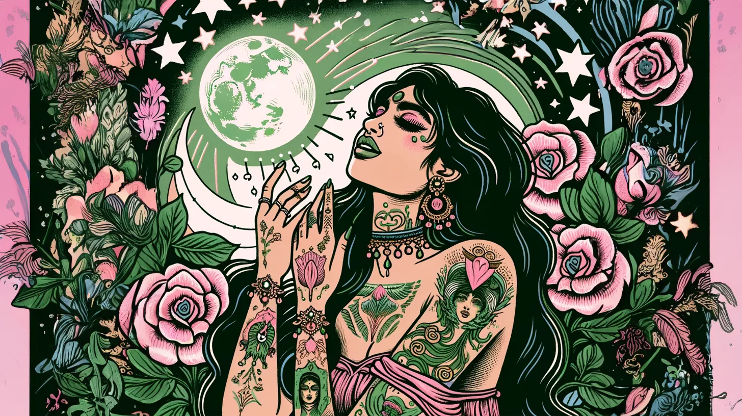 A Pisces woman is calling to the moon and is surrounded by pink flowers.