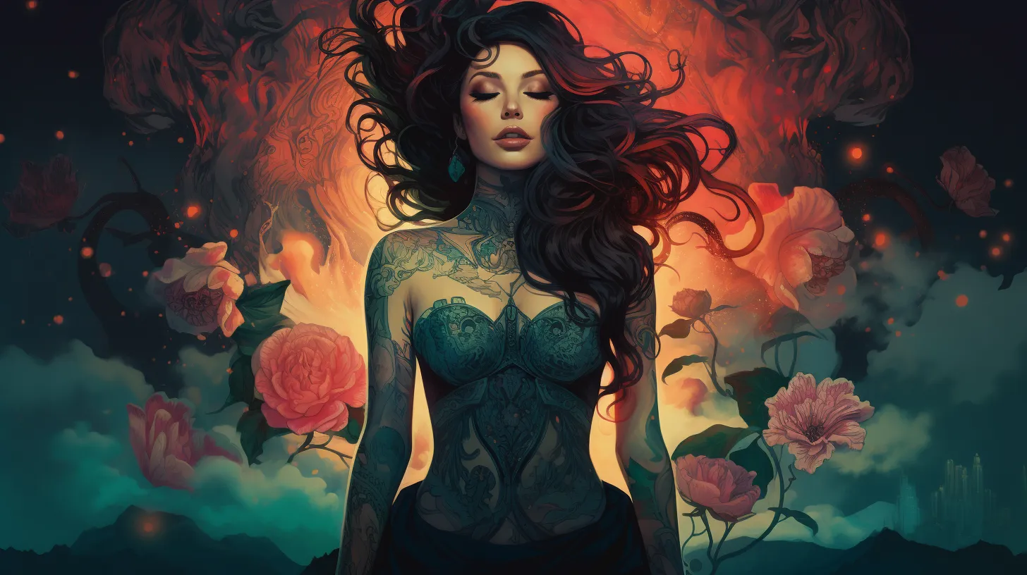 An Aries woman with tattoos is floating in front of a fiery explosion of pink flowers among the green clouds.