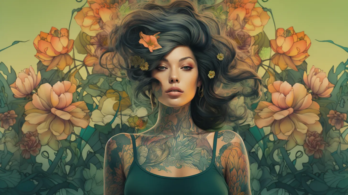 A Taurus woman with tattoos is floating in front of an explosion of pink flowers.