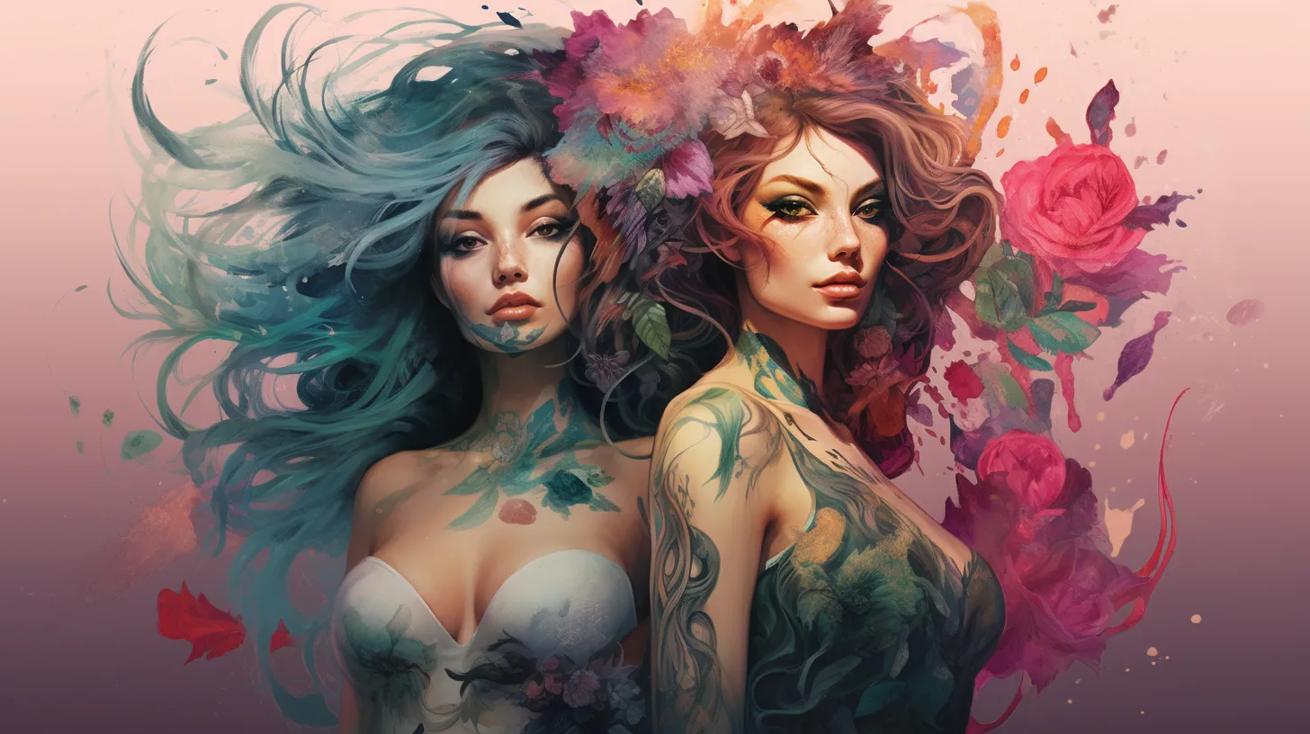 Two Gemini women with tattoos are floating in front of an explosion of pink flowers.