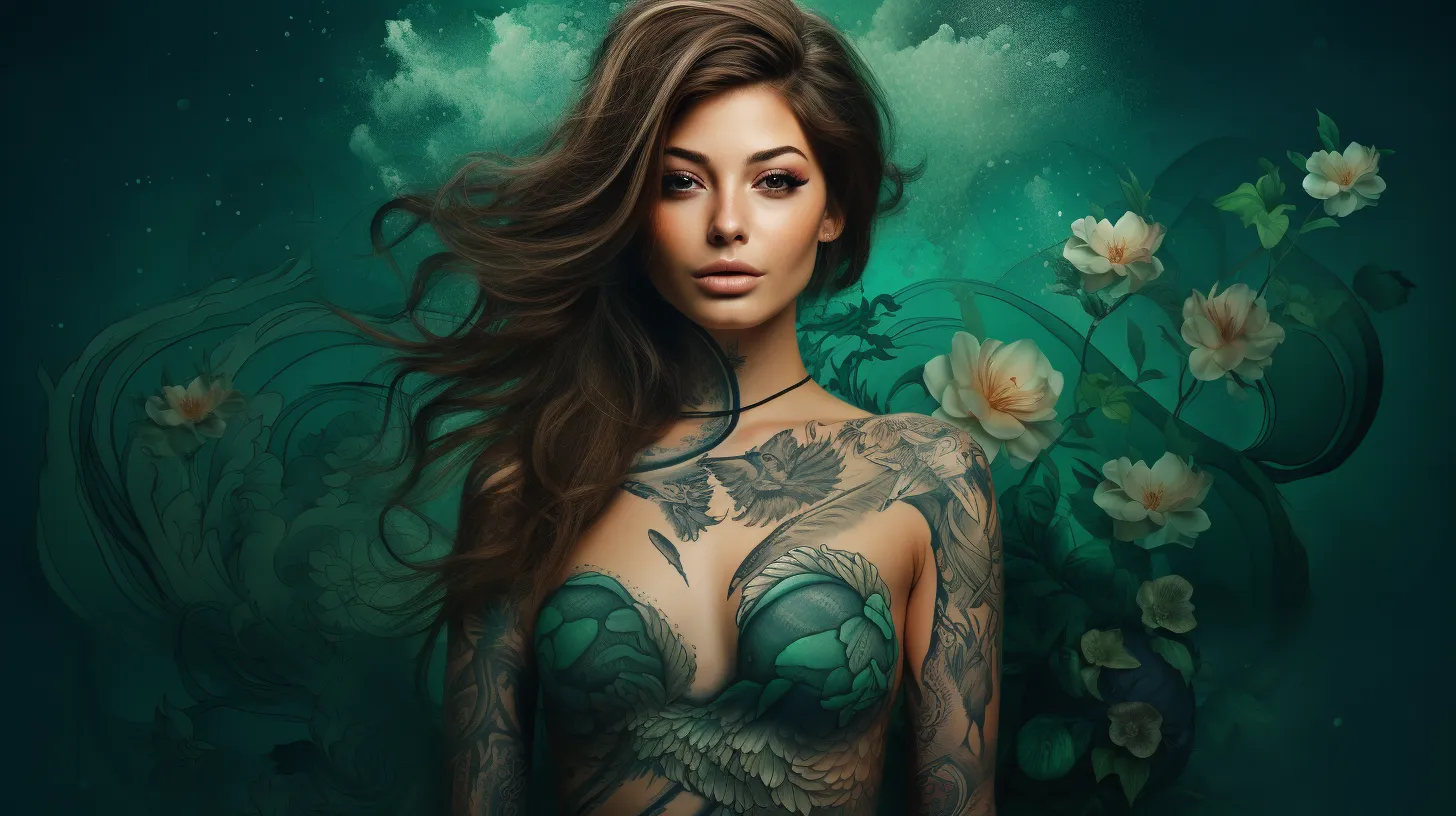 A Virgo woman with tattoos is floating in front of an explosion of pink flowers.