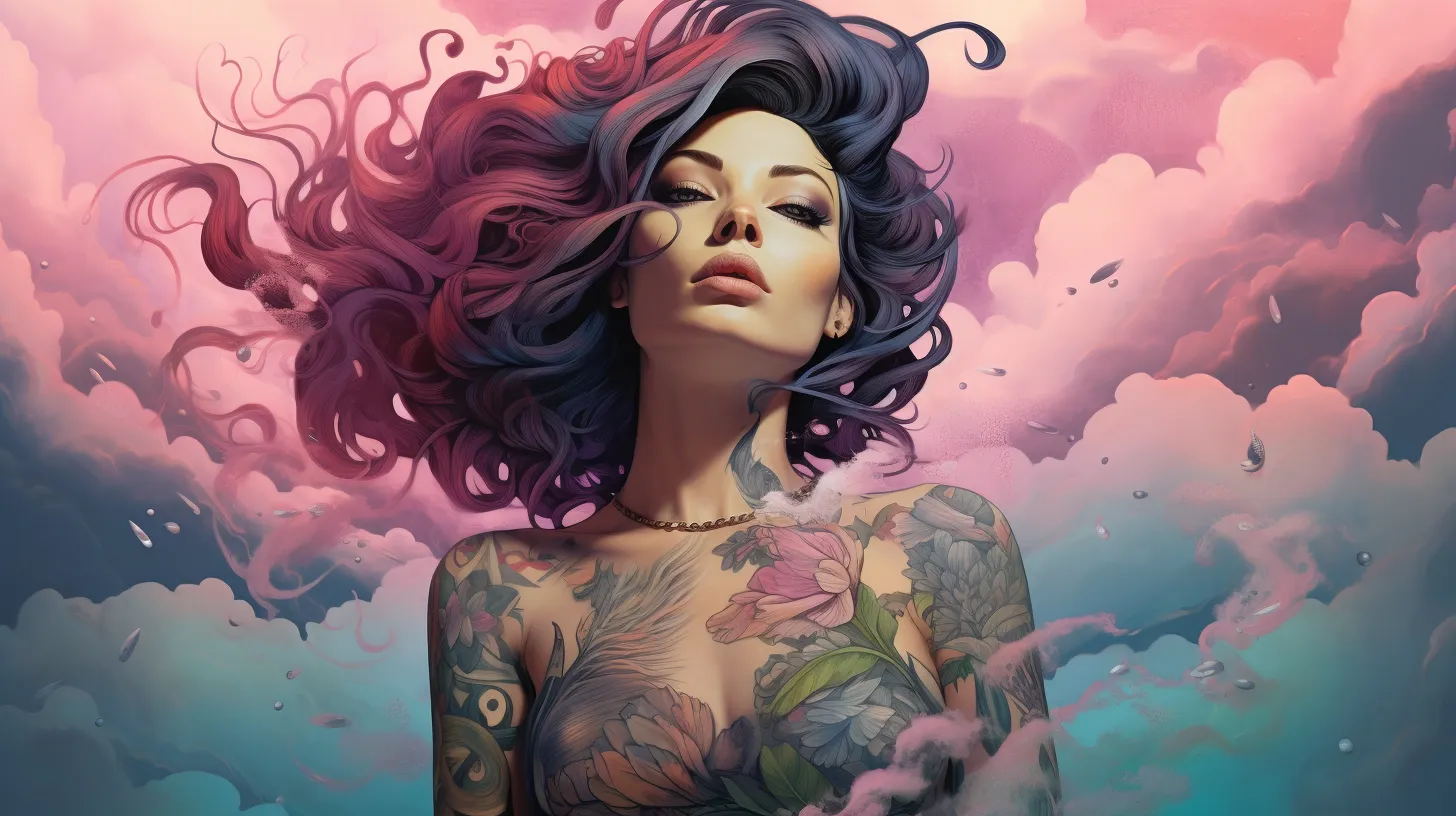 A Libra woman with tattoos is floating in front of the pink clouds and stars.