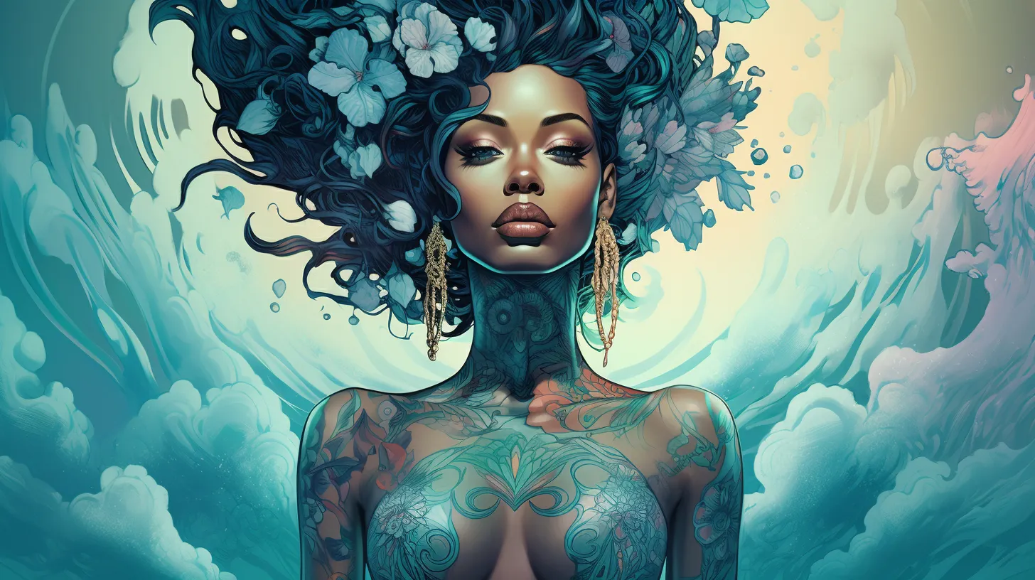 A Scorpio woman with tattoos is floating in front of a cascade of flowing water.
