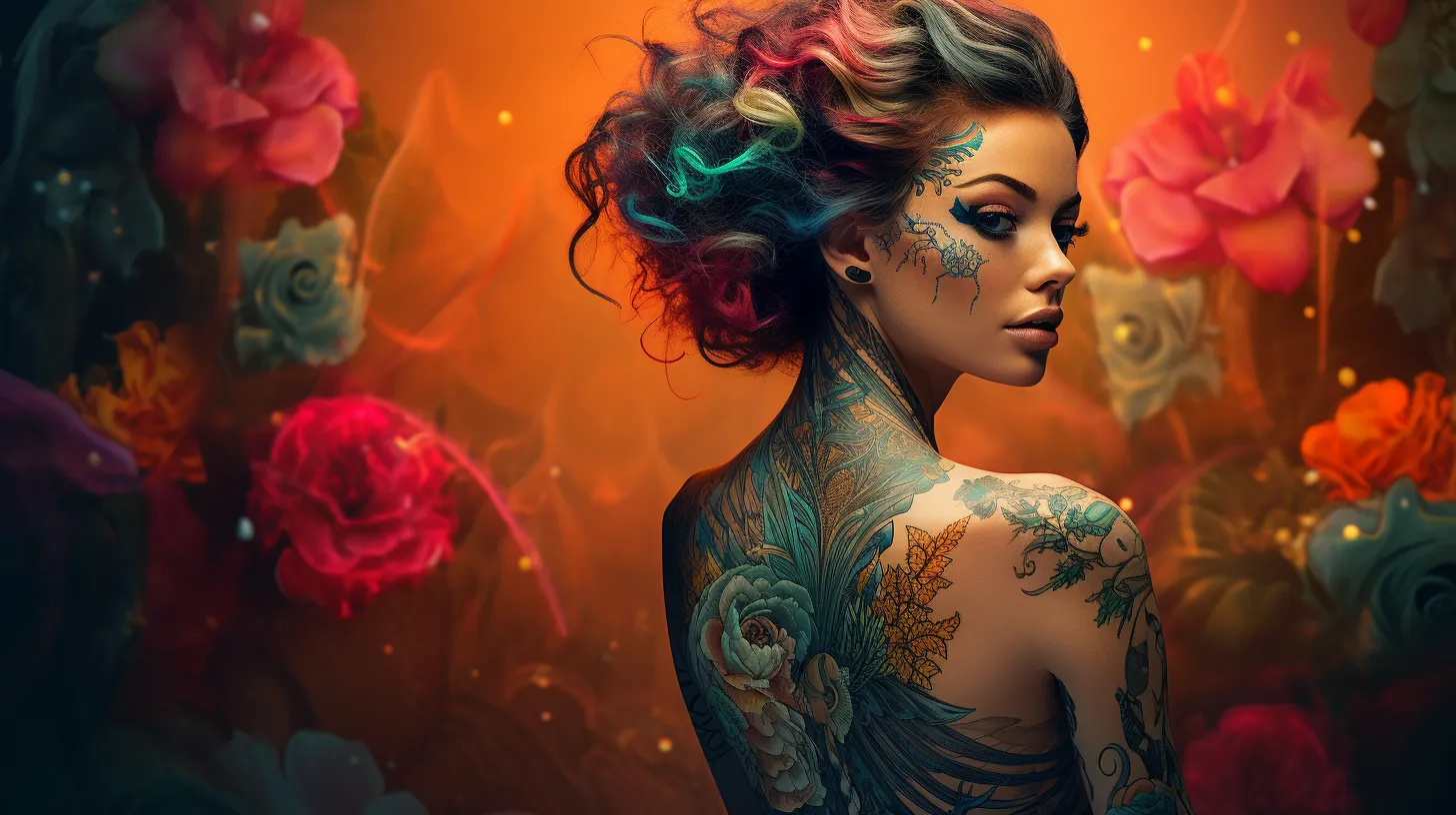 A Sagittarius woman with tattoos is floating in front of a wall of fire and flowers.