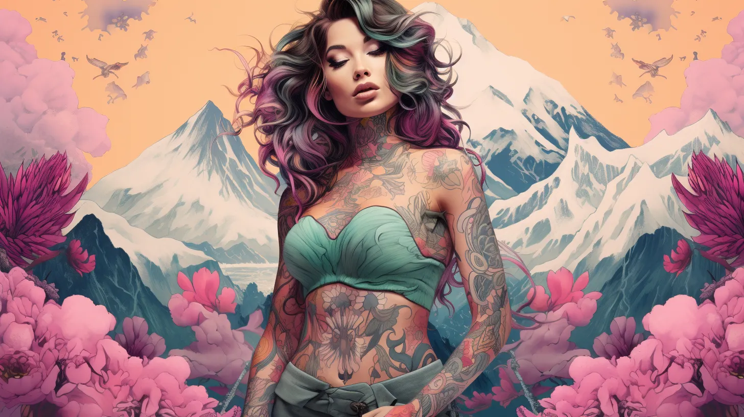 A Capricorn woman with tattoos is standing in front of a mountain and surrounded by pink flowers.