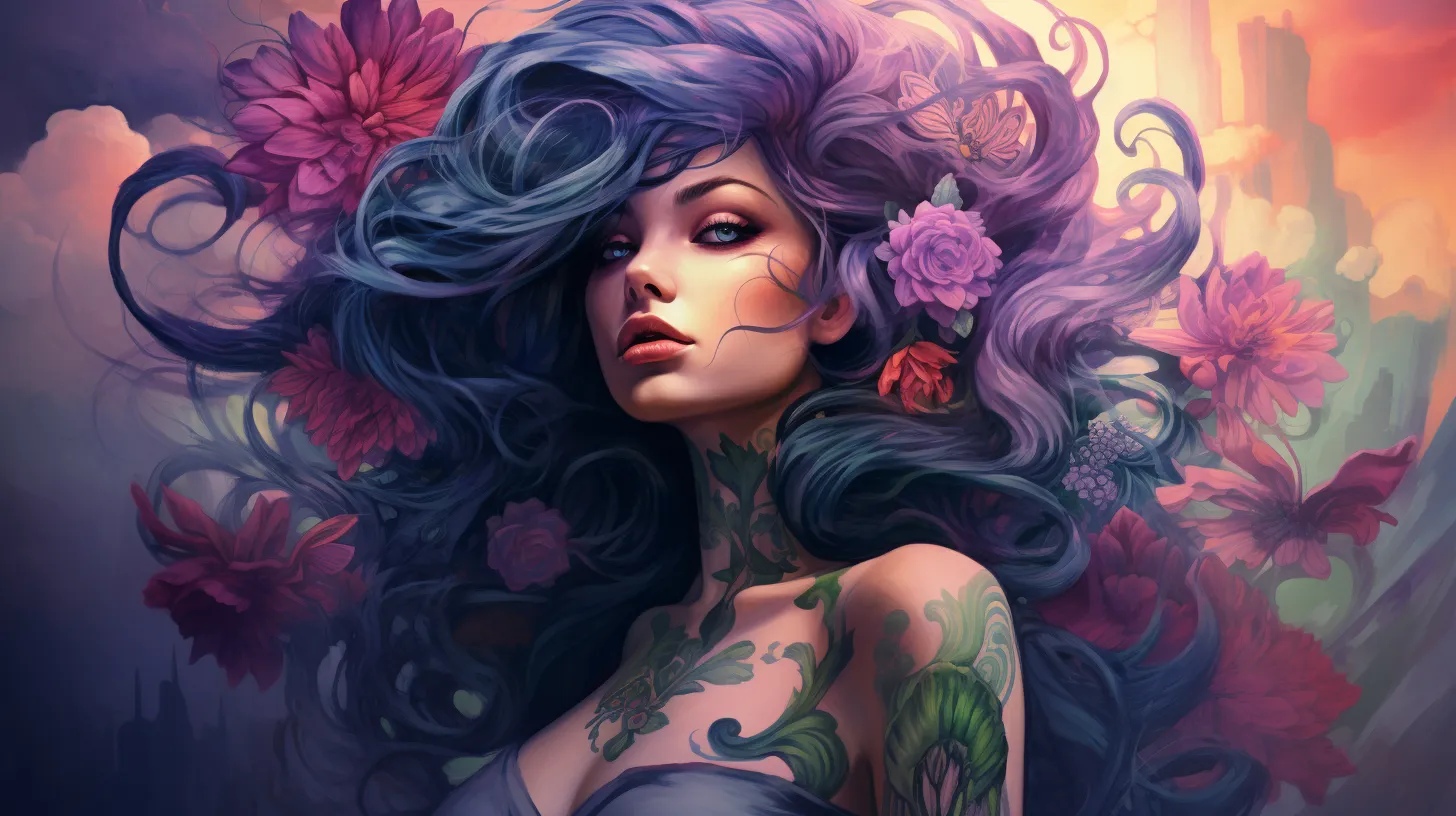An Aquarius woman with tattoos is floating in front of an explosion of pink flowers.