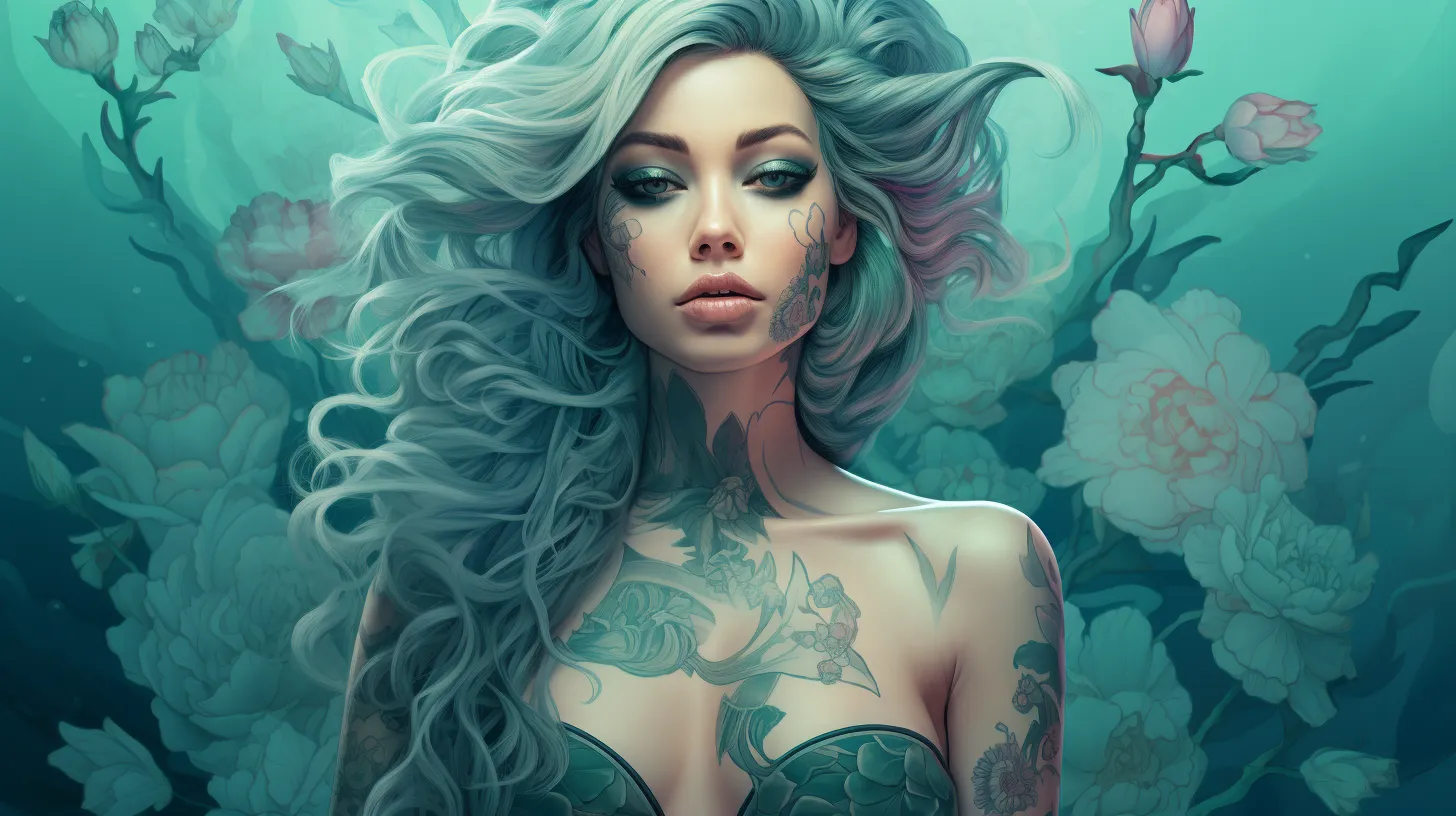 A Pisces woman with tattoos is floating in front of an explosion of icy blue flowers.