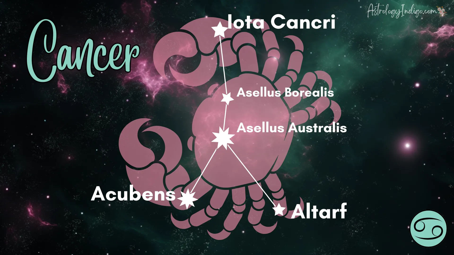 The Cancer constellation with information about the stars and a pink image of a Crab behind it.