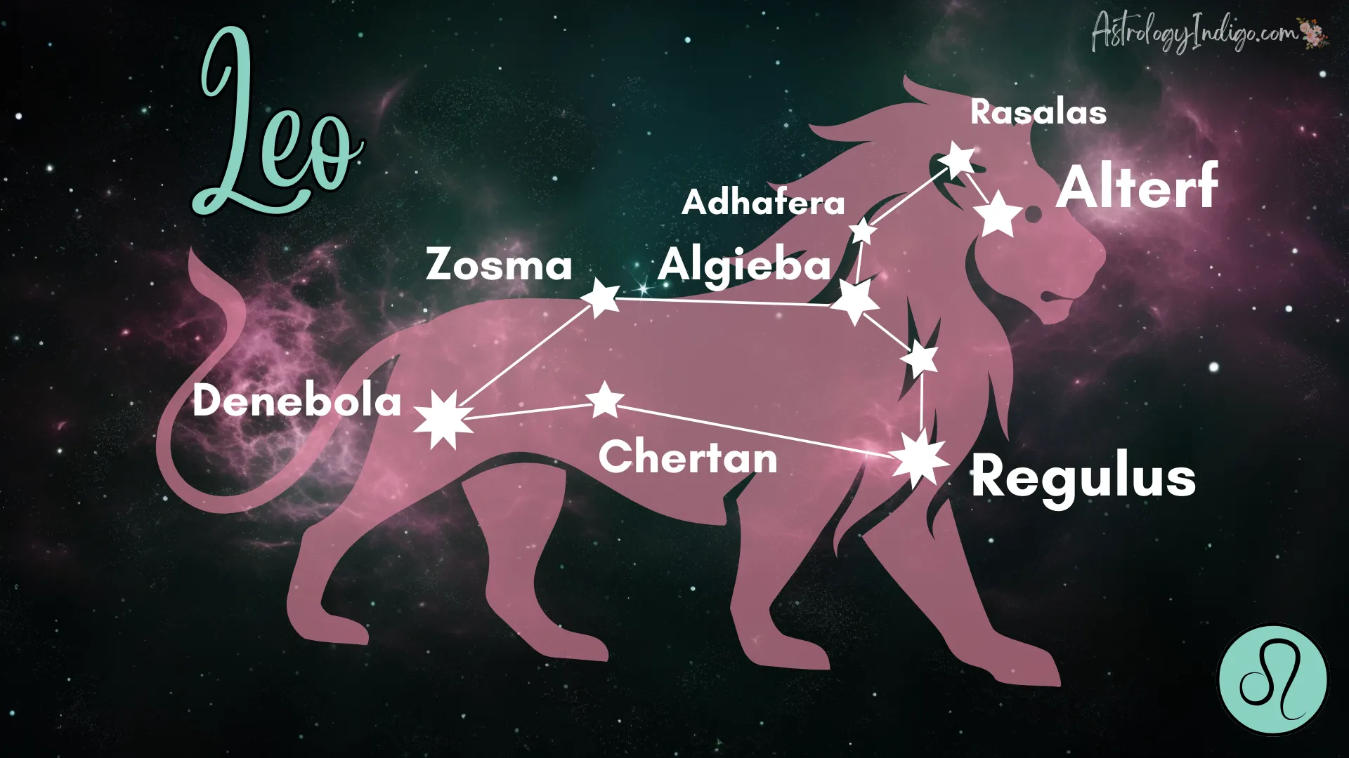 The Leo constellation with information about the stars and a pink image of a Lion behind it.