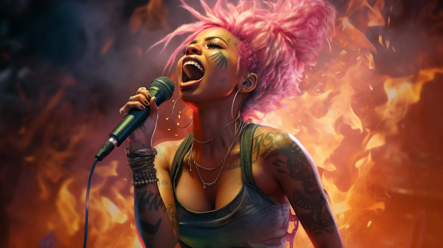 An Aries woman with pink hair is singing into a microphone and surrounded by fire.