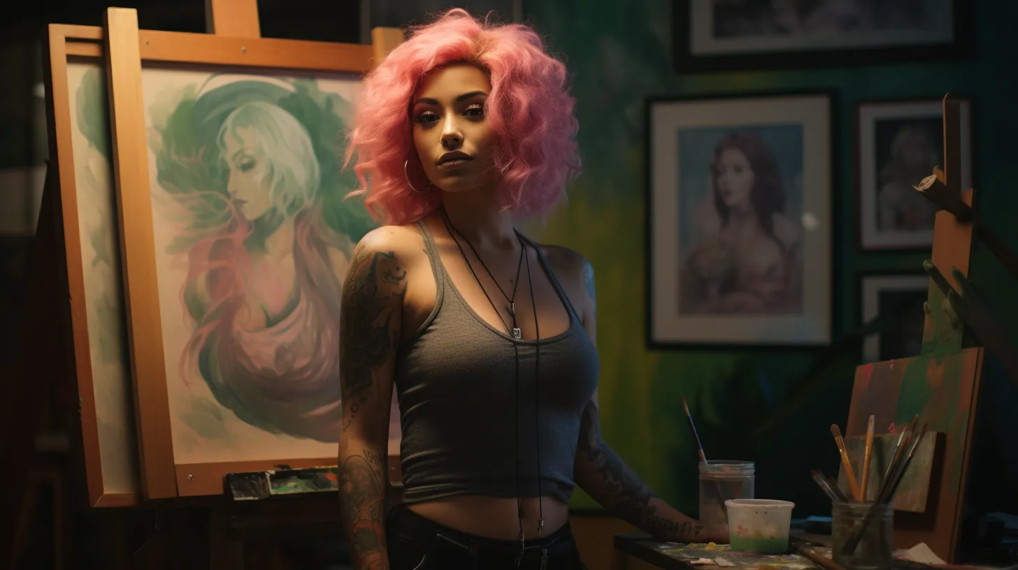 A Taurus woman with tattoos and pink hair is standing in front of paintings she has created.