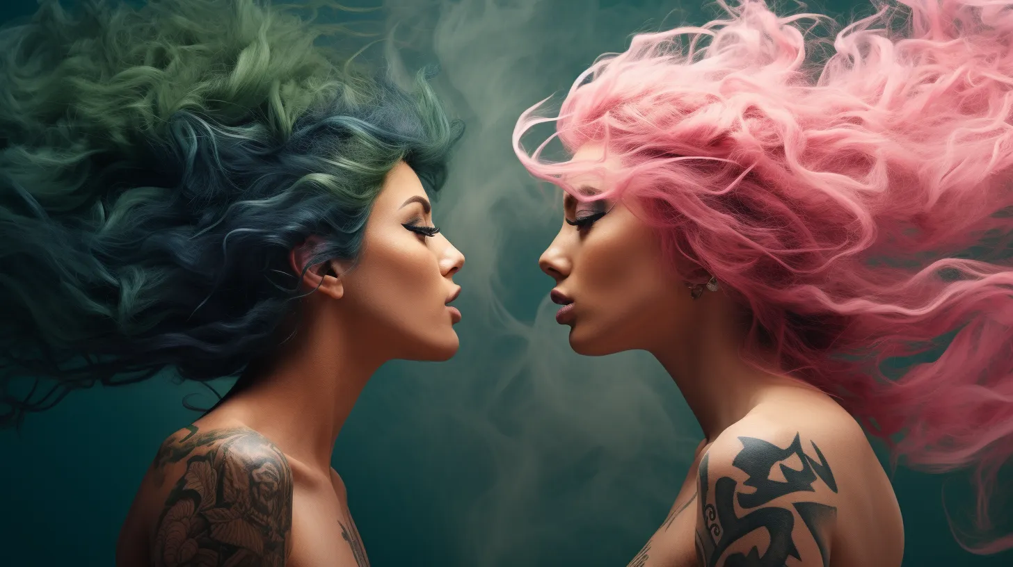 Two Gemini women with tattoos are speaking closely with their hair blowing in the wind representing the element of Air.