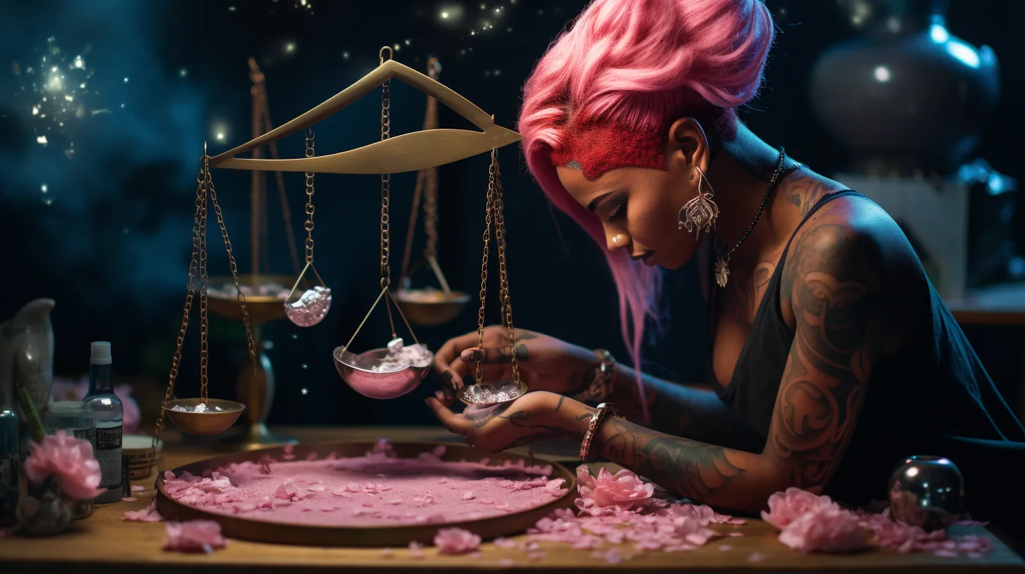 A Libra woman with tattoos is balancing petals on the Scales of Justice.